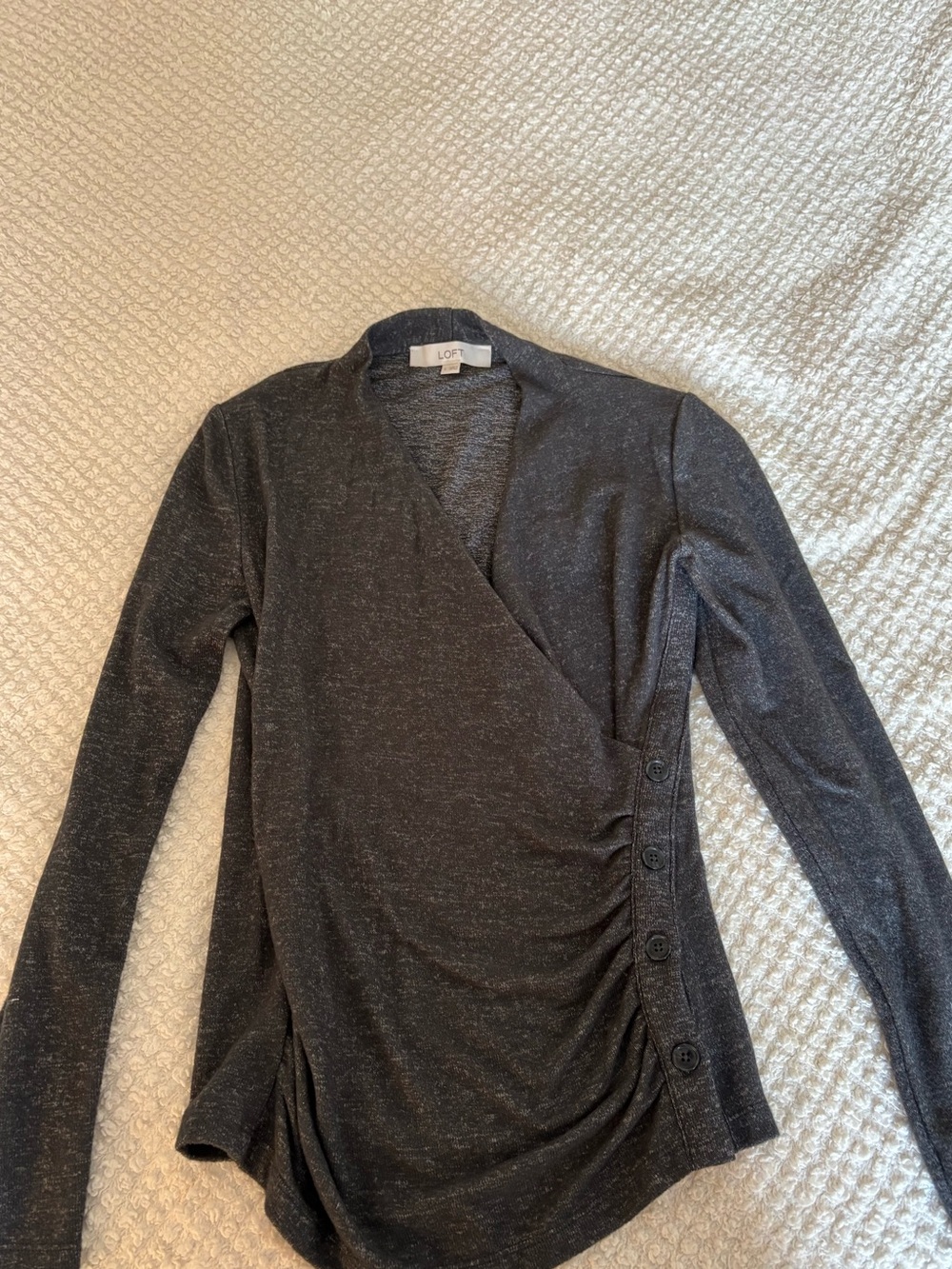 LOFT Charcoal Wrap-Front Long Sleeve Top with Side Buttons